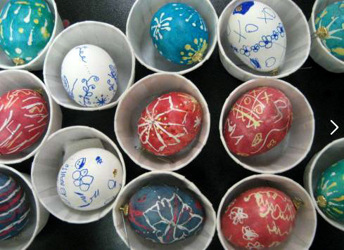 Traditional eggs - Egg ornaments made by workshop participants at the Victoria Czech Heritage Society in Victoria, TX using the traditional color-resist method with hot beeswax, candle flame and kistka (drawing tool).